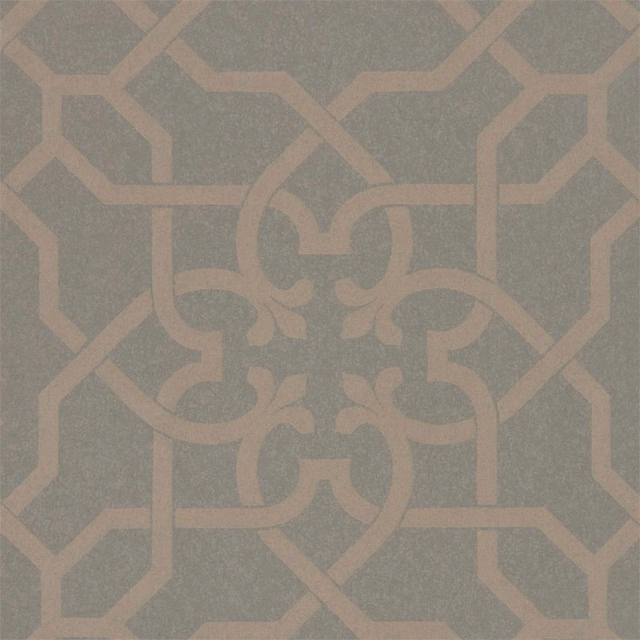 Muted charcoal wallpaper with silvery taupe geometric lattice and central scroll motif