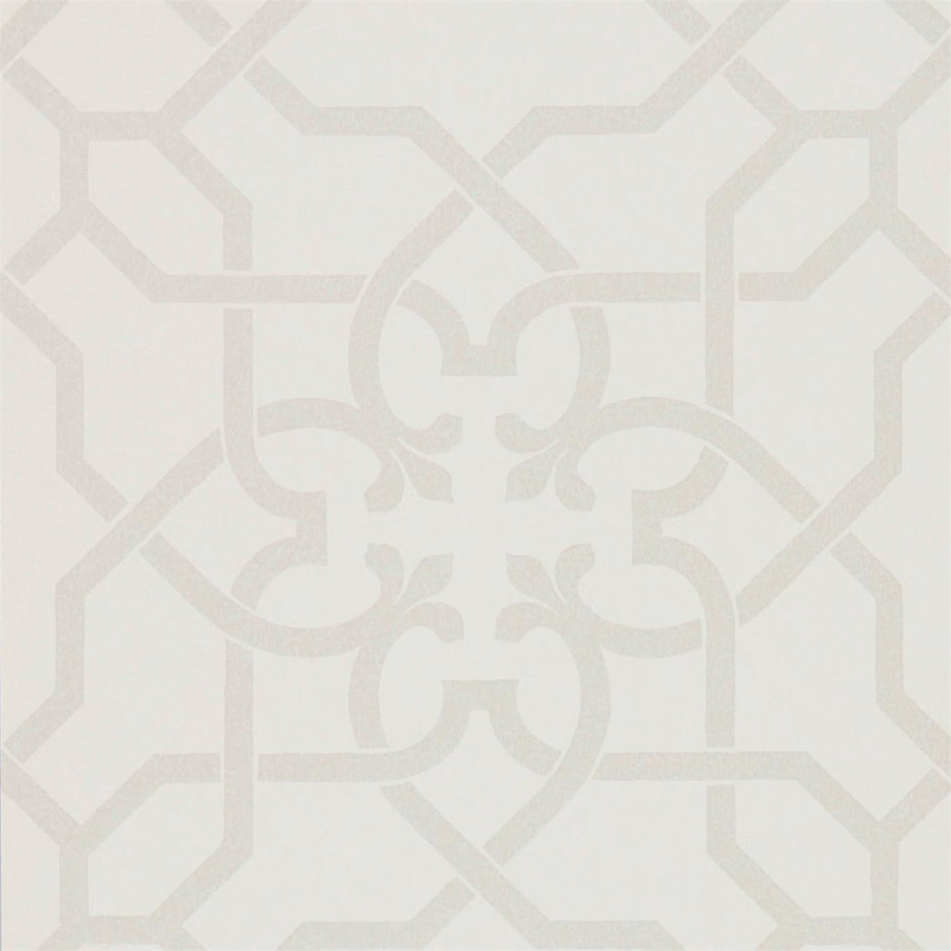 Pale dove wallpaper with stone trellis lines and central scrolling floral motif