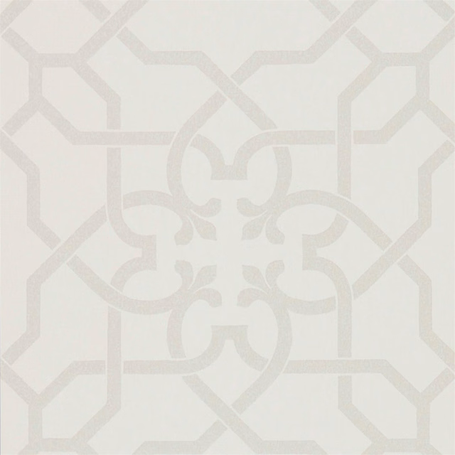 Pale dove wallpaper with stone trellis lines and central scrolling floral motif