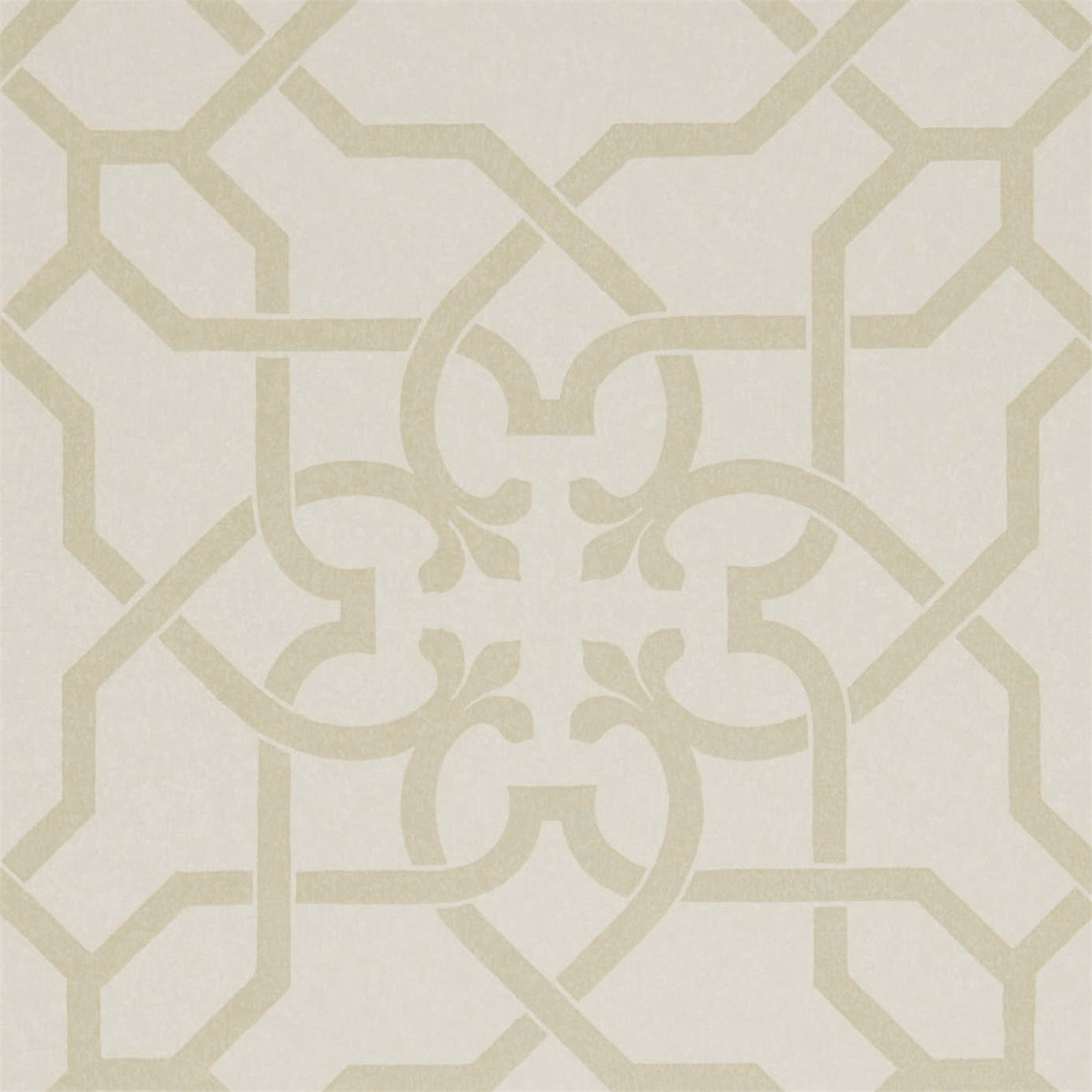 Cream wallpaper with pale willow-green geometric lattice and central scrolling floral motif