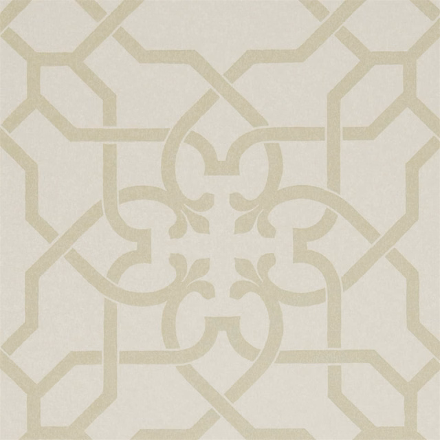 Cream wallpaper with pale willow-green geometric lattice and central scrolling floral motif