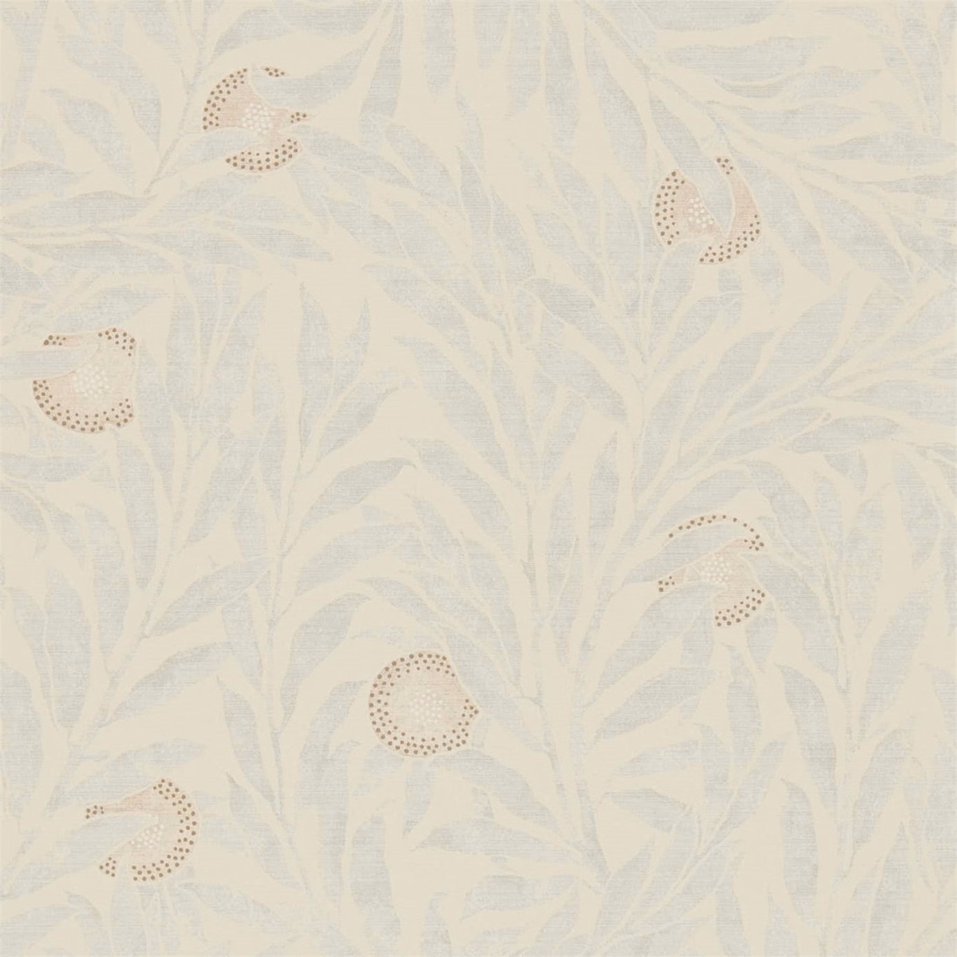 Pale dove wallpaper with blue-grey leaves and dotted ochre citrus forms
