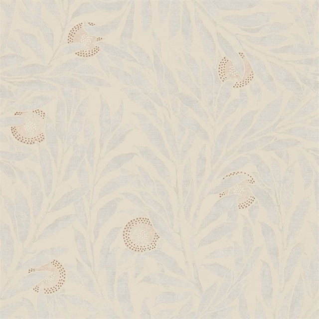 Pale dove wallpaper with blue-grey leaves and dotted ochre citrus forms