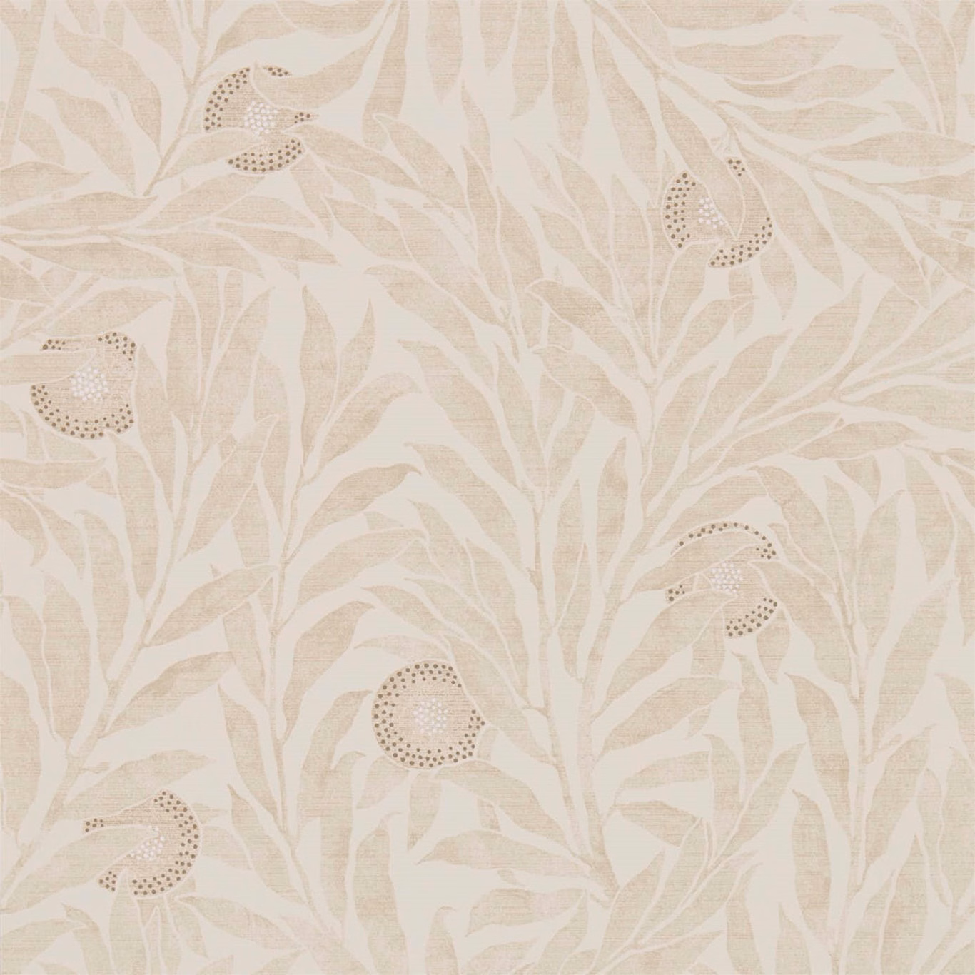 Pale oyster wallpaper with taupe branches, leafy stems and dotted fruit motifs