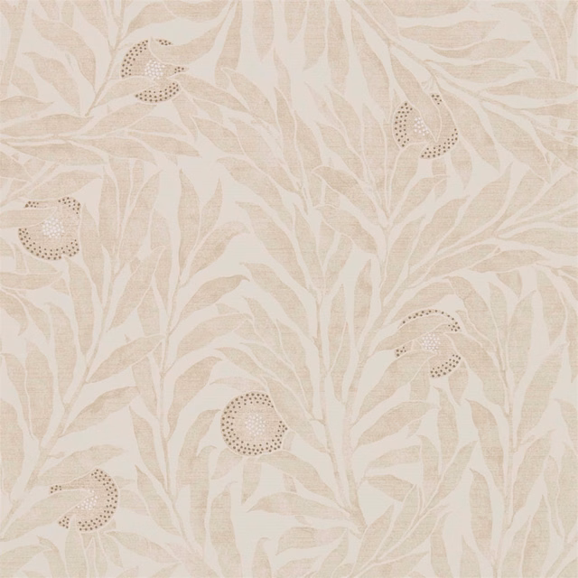 Pale oyster wallpaper with taupe branches, leafy stems and dotted fruit motifs