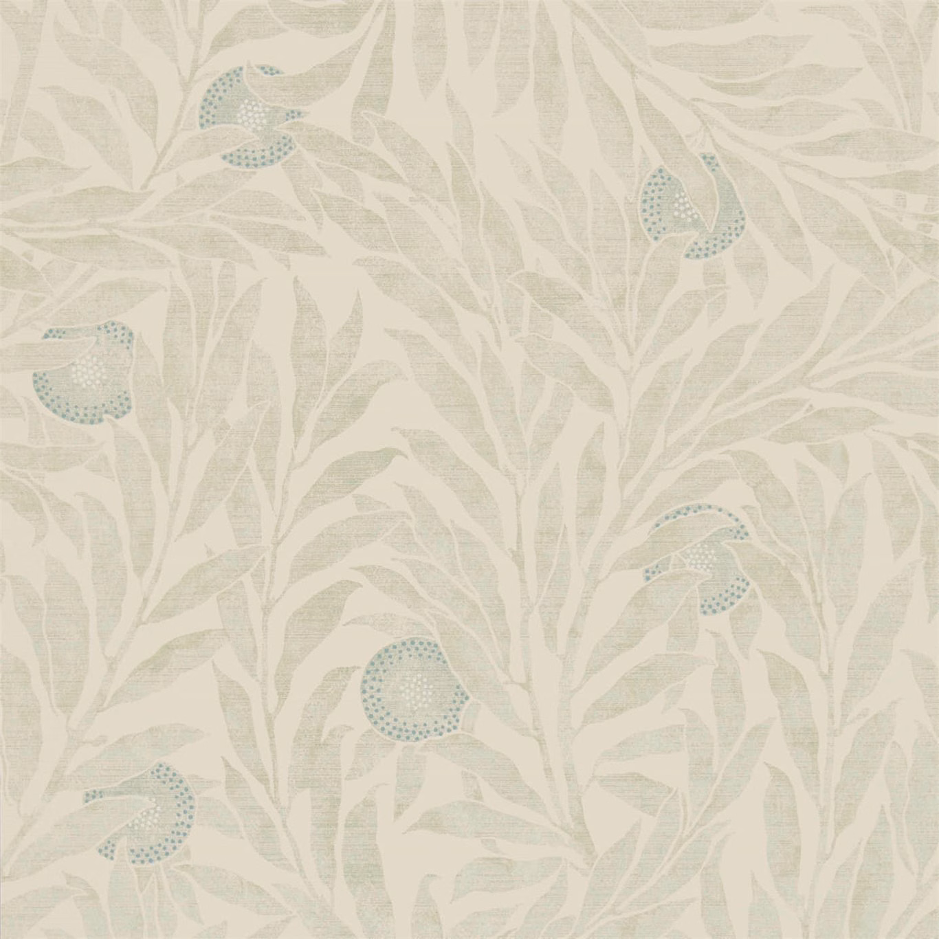 Pale sage leafy wallpaper with rounded blue-green motifs on a cream ground