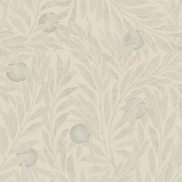Pale sage leafy wallpaper with rounded blue-green motifs on a cream ground