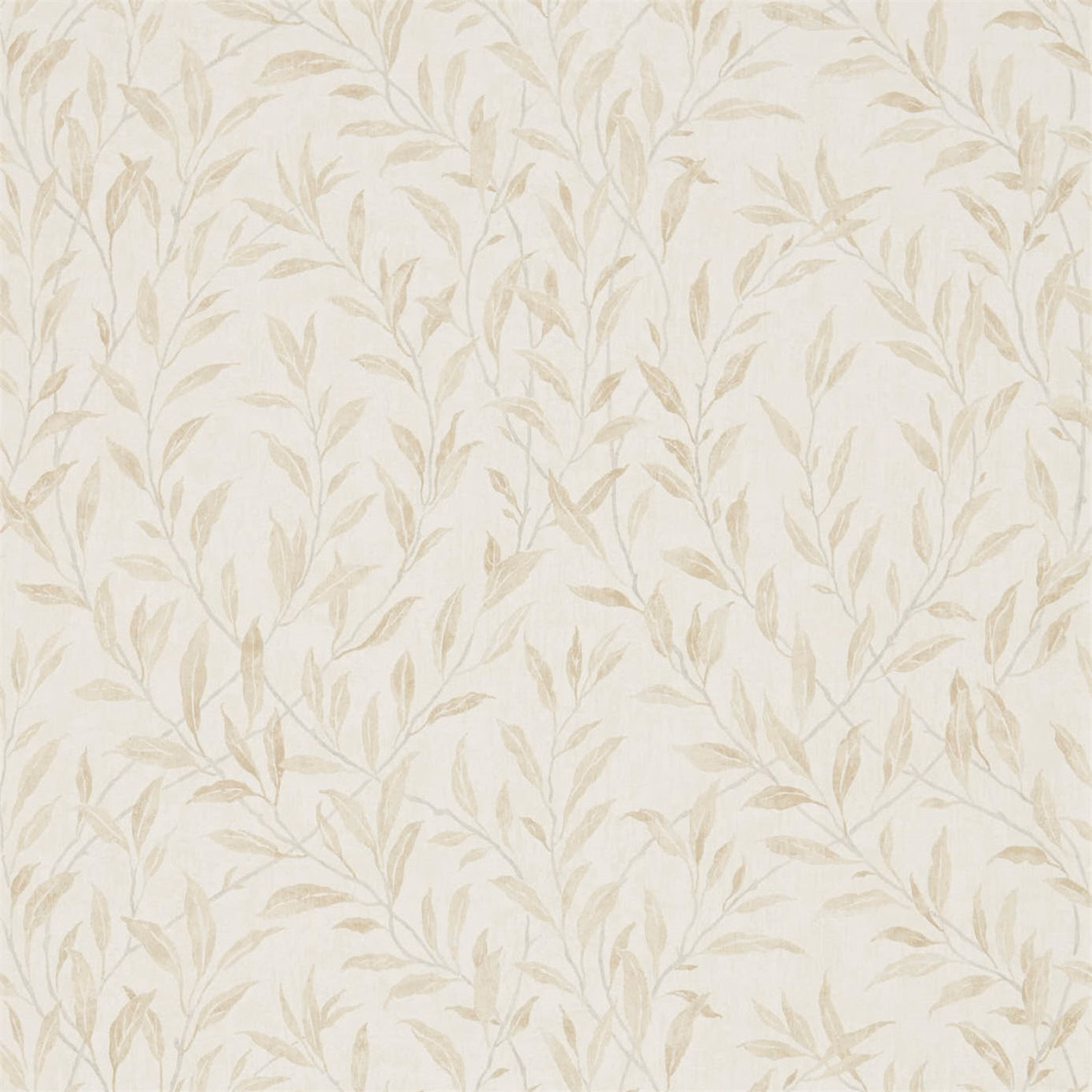 Warm cream wallpaper with delicate taupe leafy branches in a softly textured botanical pattern