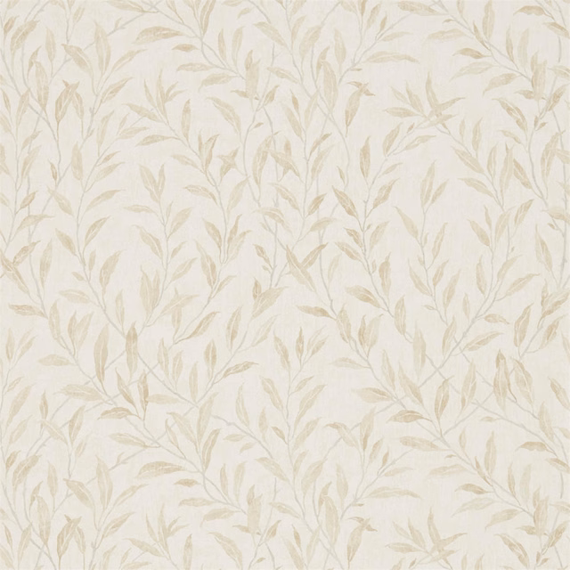Warm cream wallpaper with delicate taupe leafy branches in a softly textured botanical pattern