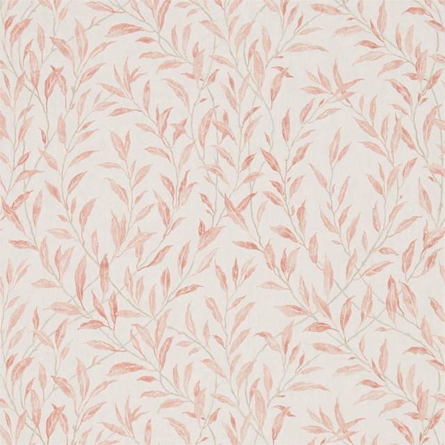 Dusty rose leafy branches scattered across a warm ivory wallpaper ground