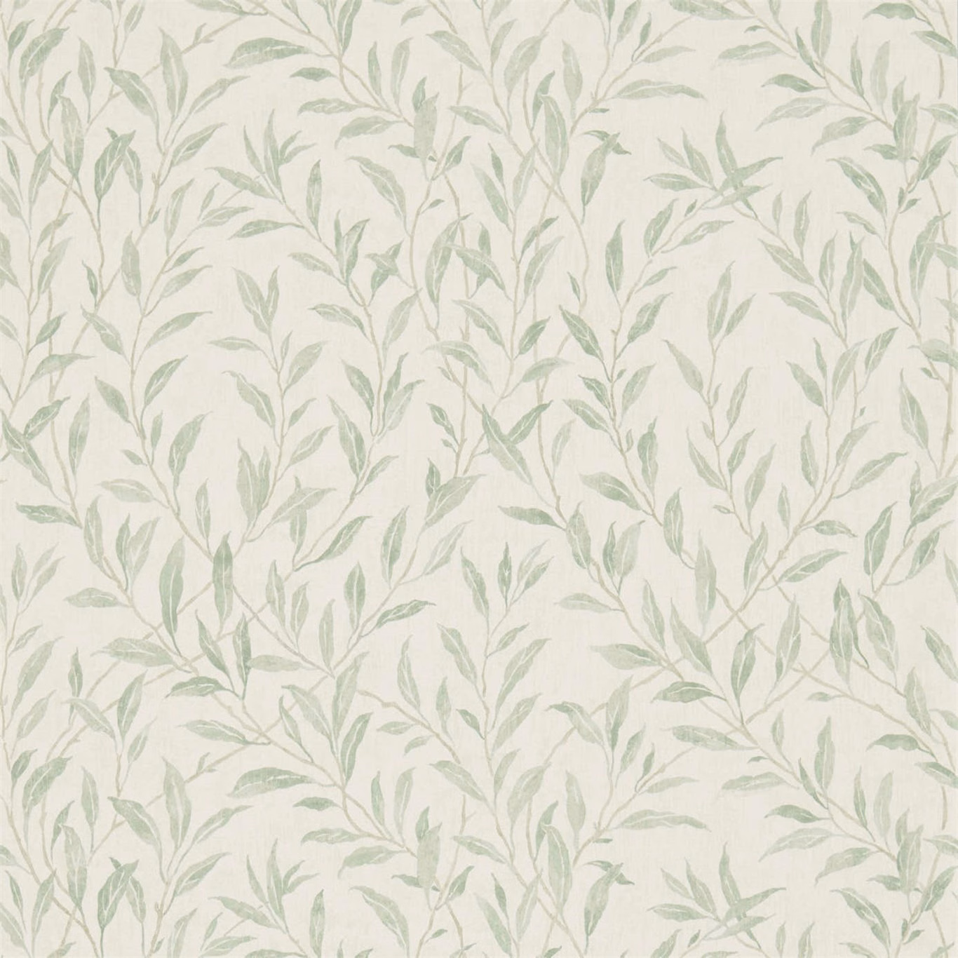 Cream wallpaper with pale willow-green leafy stems in a delicate trailing botanical pattern