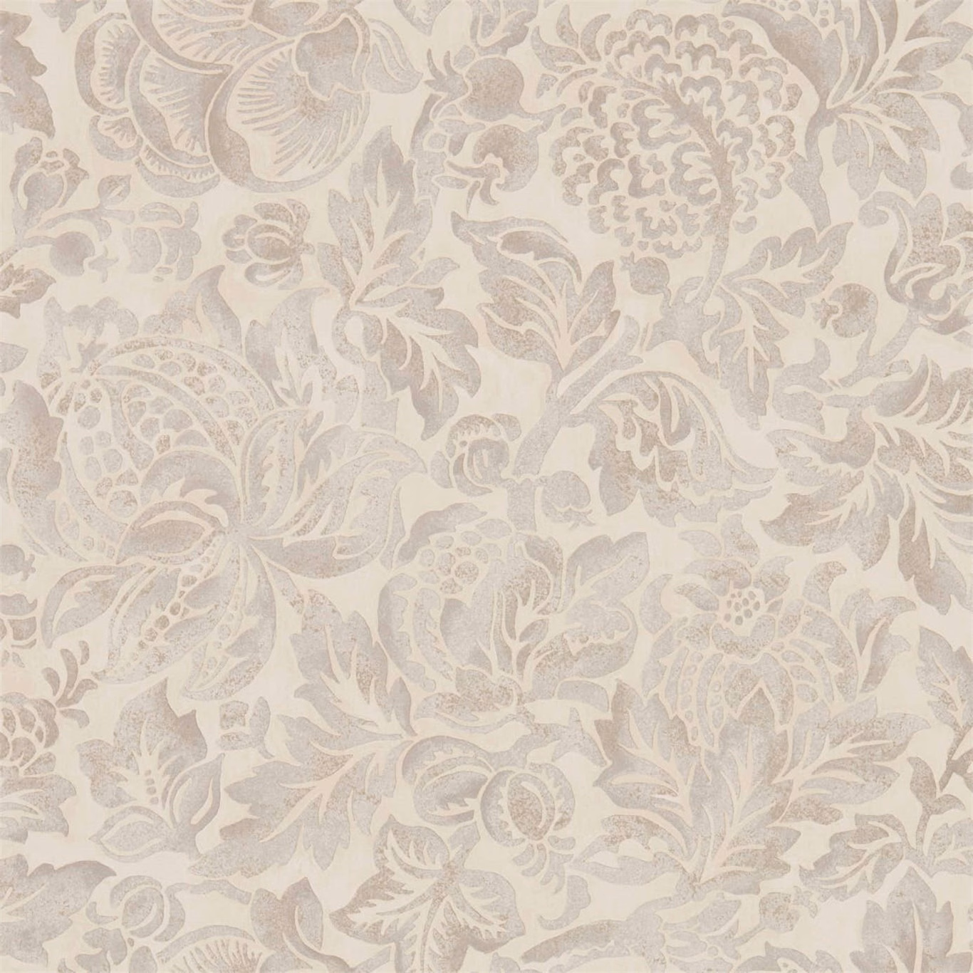Pale ivory wallpaper with soft taupe damask flowers, leaves and scrolling foliage