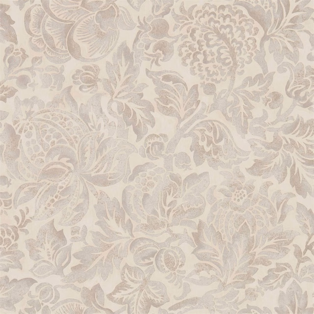 Pale ivory wallpaper with soft taupe damask flowers, leaves and scrolling foliage