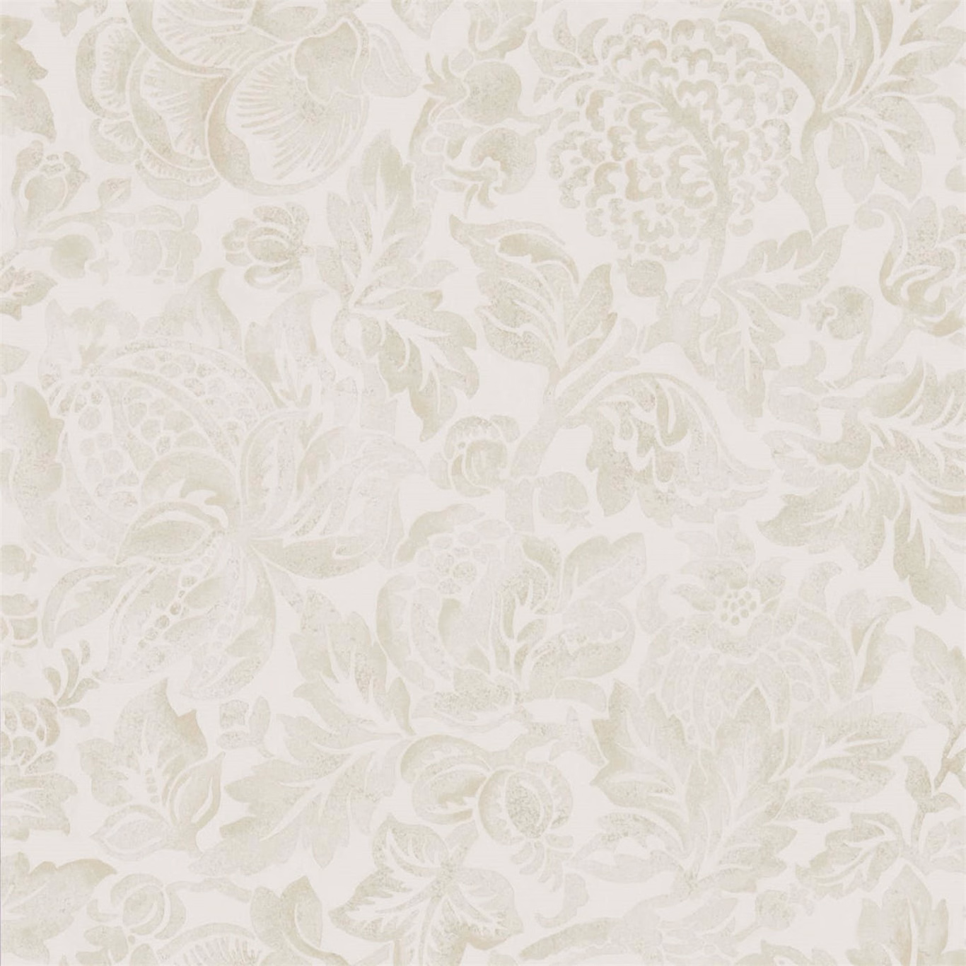 Ivory wallpaper with pale grey-green damask scrolls, leaves and layered floral motifs