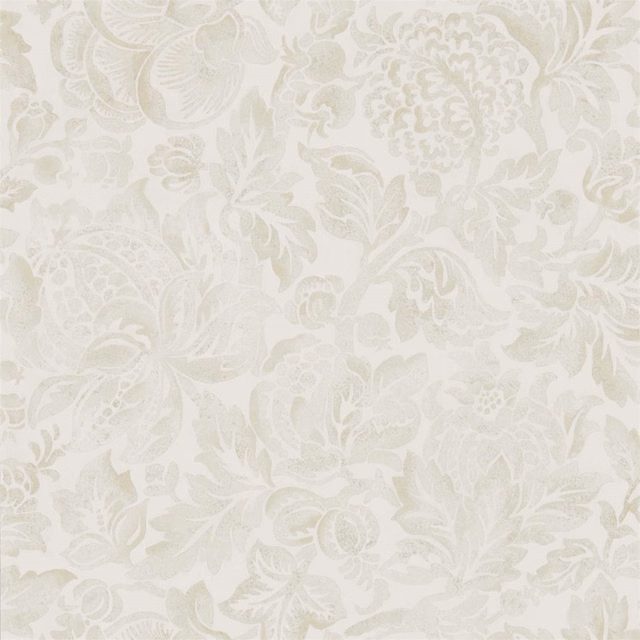 Ivory wallpaper with pale grey-green damask scrolls, leaves and layered floral motifs