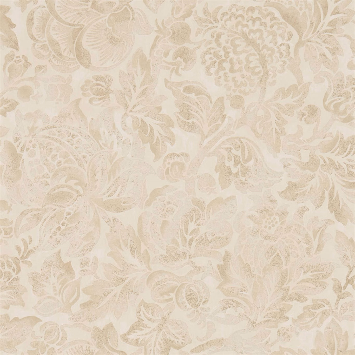 Warm cream wallpaper with pale sepia damask flowers, scrolling leaves and paisley motifs