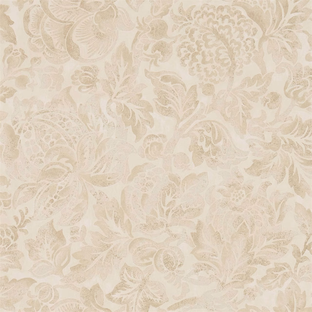 Warm cream wallpaper with pale sepia damask flowers, scrolling leaves and paisley motifs