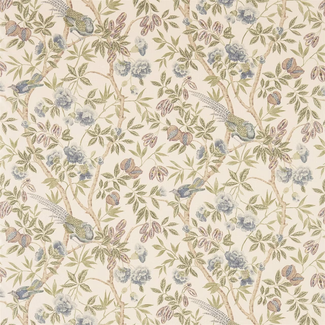 Blue and ivory botanical fabric with birds, branches and flowering foliage