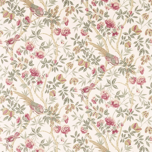 Large floral print with birds, branches and roses on a calico ground
