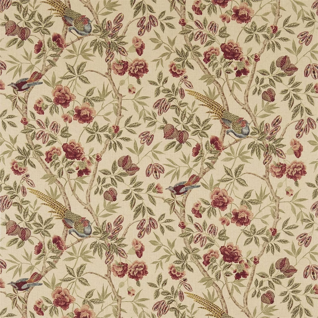 Sand-ground bird-and-flower fabric with russet blooms and olive leaves