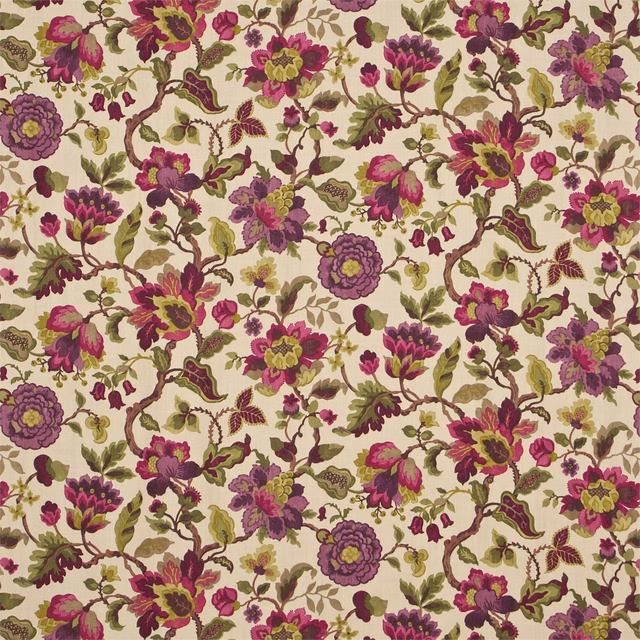 Mulberry and olive floral fabric on an ivory ground with trailing stems