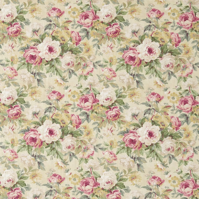 Large painterly rose floral in crimson pink, ivory and gold on a cream ground