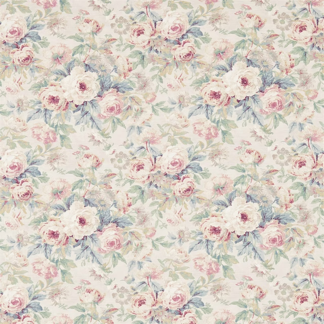 Cream floral fabric with soft pink roses and wedgwood-blue leaves