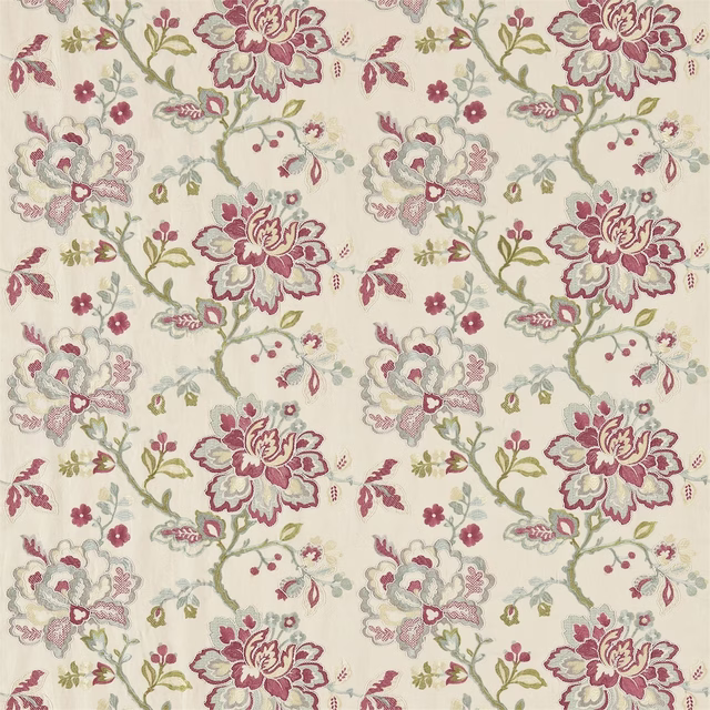 Cream floral fabric with rose pink blooms, aqua accents and scrolling green stems