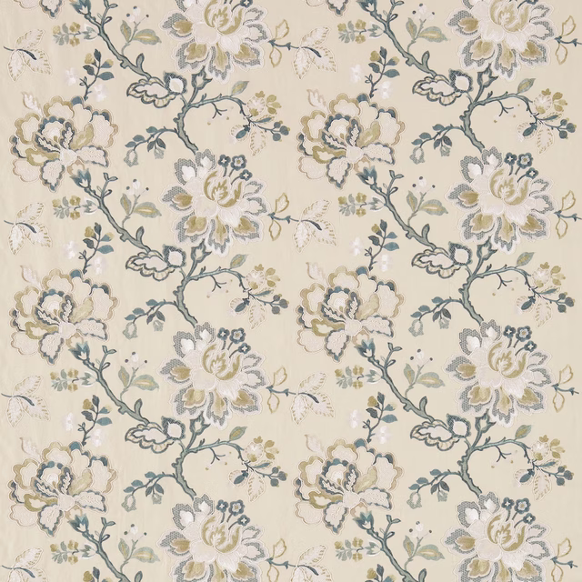 Cream woven fabric with teal floral vines and soft manila blossoms