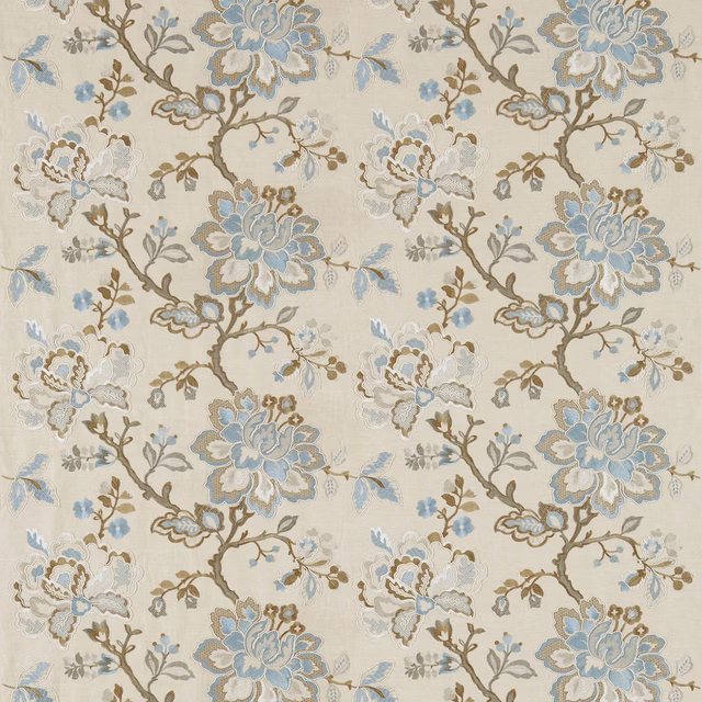 Cream floral fabric with pale blue blooms and sable stems in a large botanical repeat