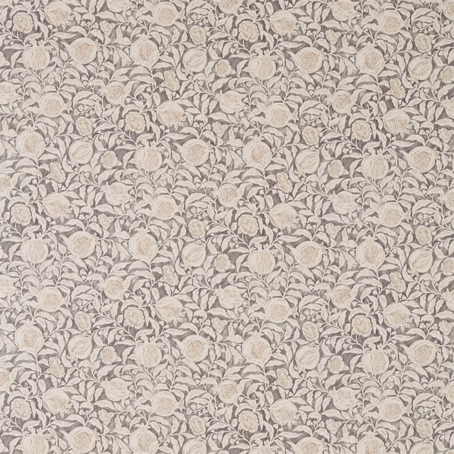 Charcoal and linen floral woven fabric with repeating leafy pattern