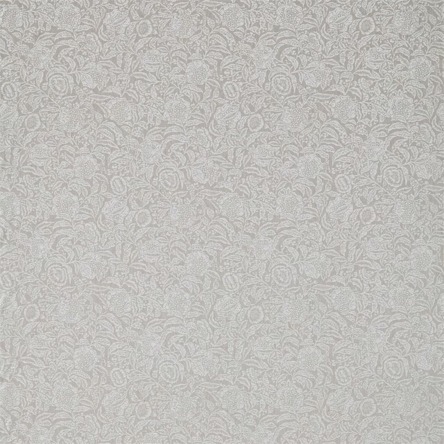 Pale dove-grey woven floral fabric with soft ivory patterning