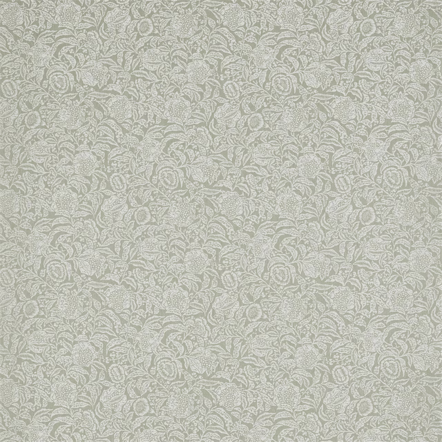 Pale willow green botanical woven fabric with cream leaf pattern