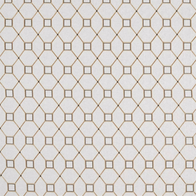 Ivory geometric fabric swatch with gold trellis lines and charcoal square details