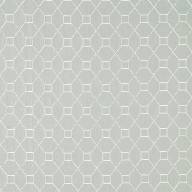 Pale Wedgwood blue fabric with chalk geometric trellis pattern