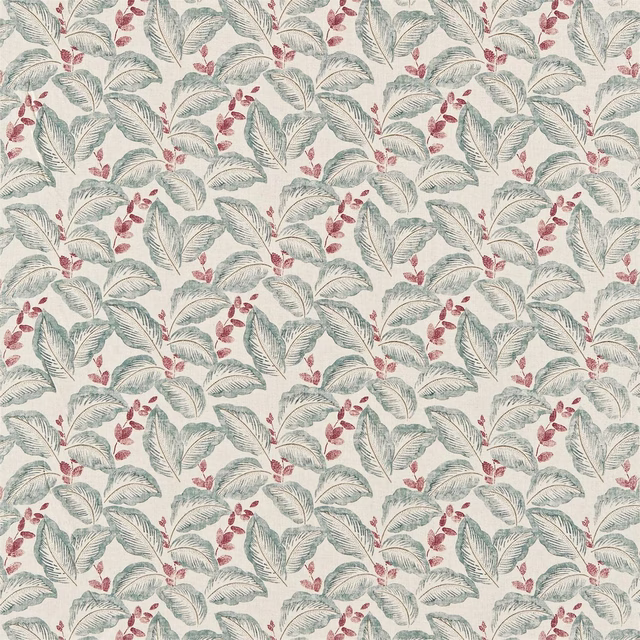 Close-up of a slate-teal leafy botanical print with muted berry accents on ivory ground