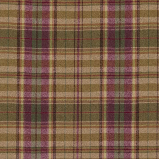 Caramel tartan fabric with burgundy and olive checks on a softly brushed weave