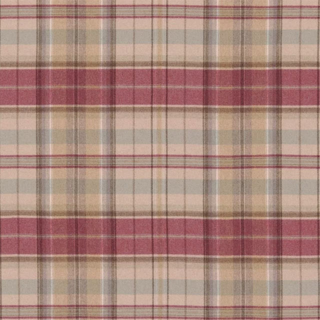 Cream, biscuit and cherry pink checked upholstery fabric with fine striped bands