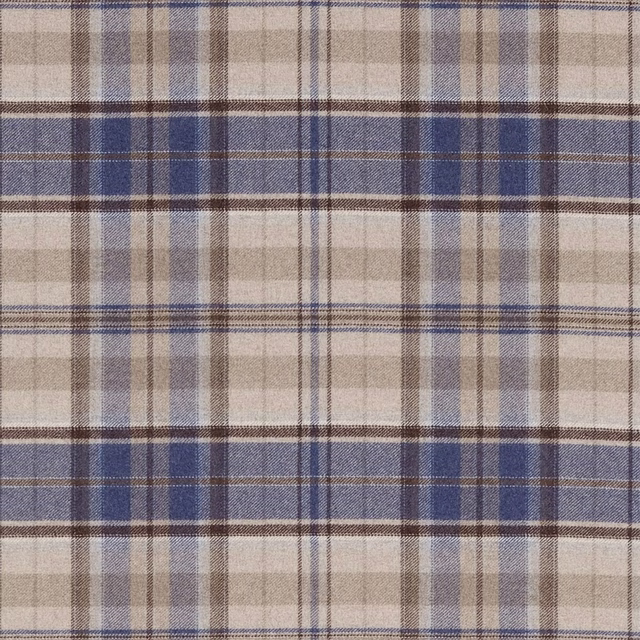 Blue and stone plaid fabric with brown lines on a textured woven ground