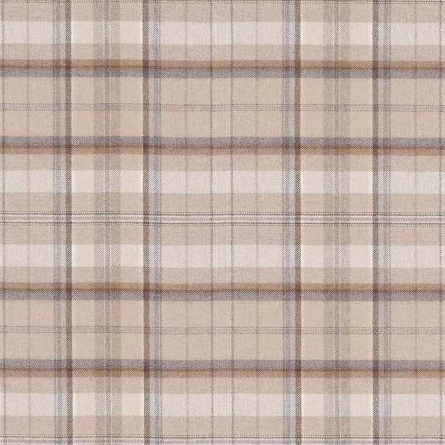Soft beige and pebble checked fabric with fine taupe and brown stripes