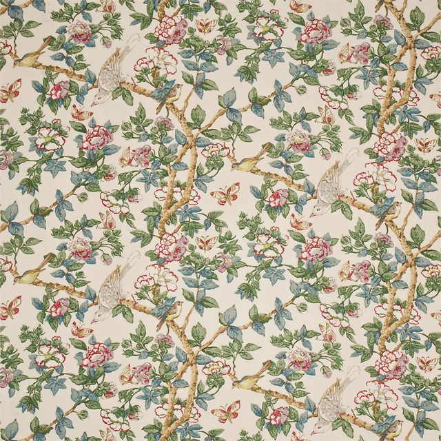 Ivory botanical chintz fabric with birds, blossom and green leafy branches