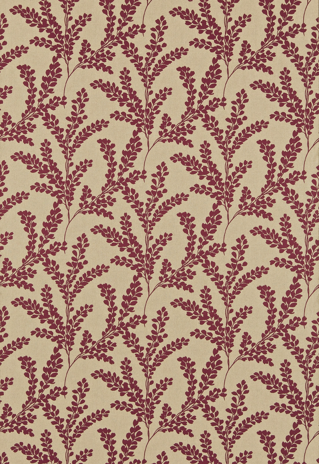 Claret red trailing leaf pattern on a warm beige woven fabric swatch