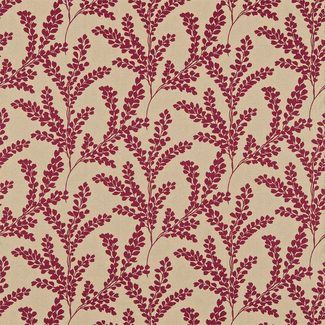 Claret red trailing leaf pattern on a warm beige woven fabric swatch