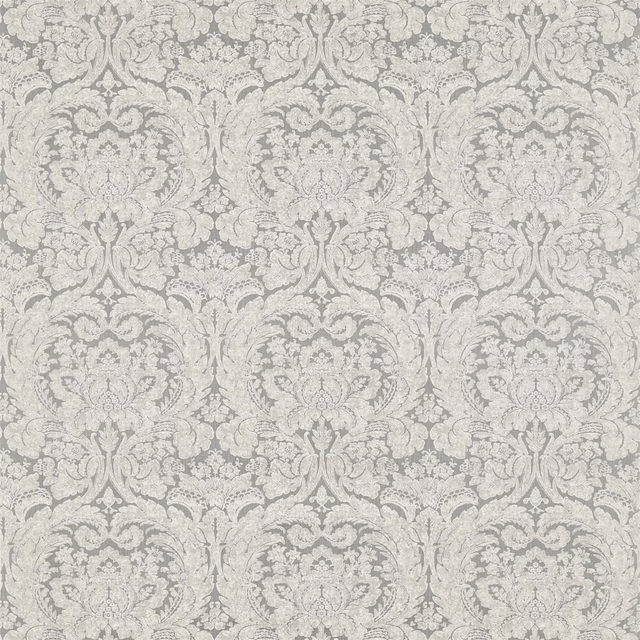 Pale grey linen damask swatch with ornate scrolling floral motif
