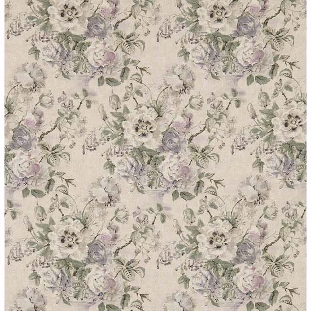 Large floral fabric in soft silver and pewter with lilac and sage bouquets
