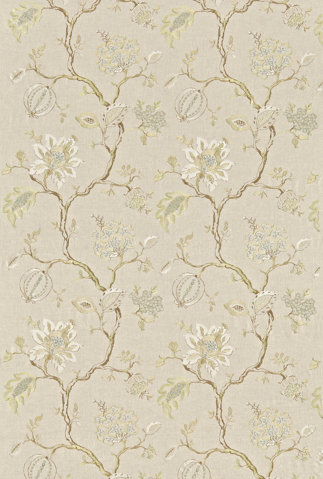 Pale pearl linen floral embroidery with trailing branches and soft green-blue blooms