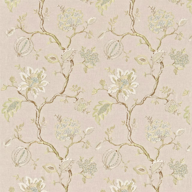 Pale pearl linen floral embroidery with trailing branches and soft green-blue blooms