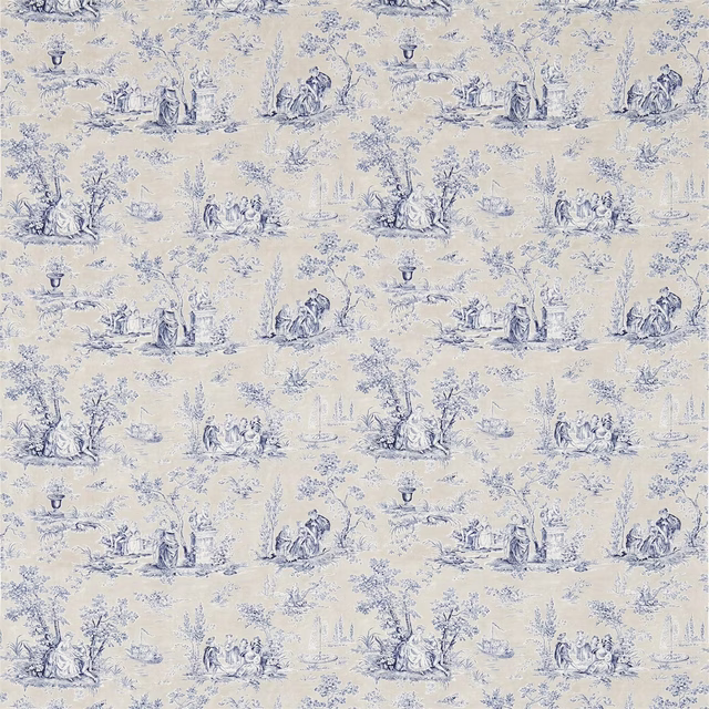 Indigo toile figures and trees on a warm taupe fabric ground
