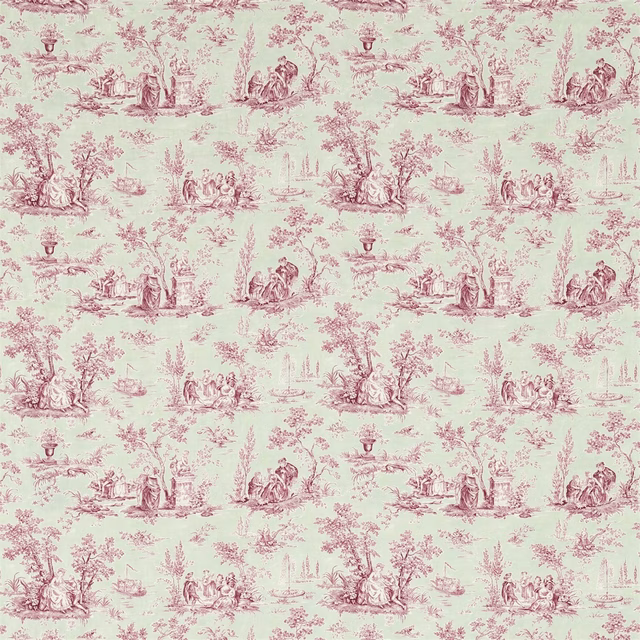 Pastel sage fabric with rose-pink toile pastoral scenes and figures