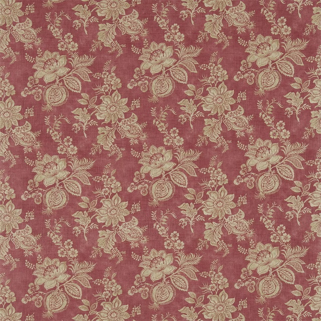 Muted russet rose floral woven fabric with cream motifs and textured ground